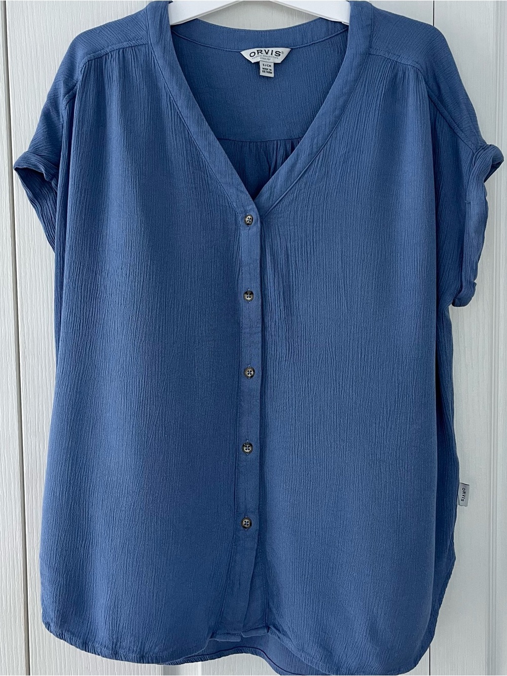 Orvis Blouse Women Blue V Neck Button Down Rolled Sleeve Casual Boho Top S